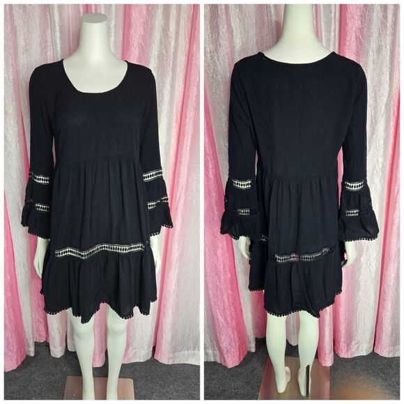 Knox Rose Black Bohemian Embroidered Tunic Textured Dress Size Medium - Picture 1 of 11